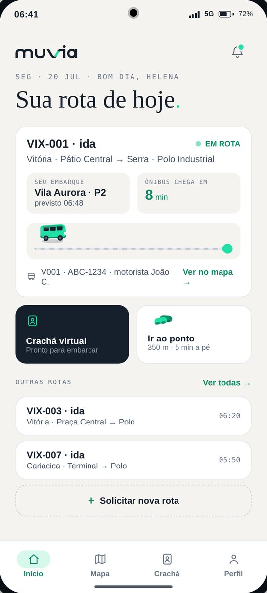 MUVIA Pass: minha rota de hoje com o ônibus chegando em 8 minutos